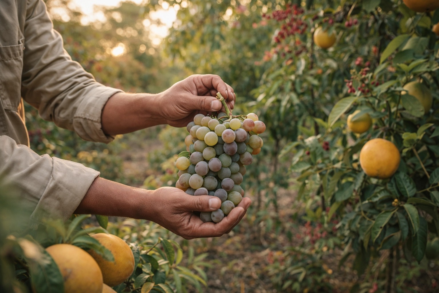 Mãos colhendo uvas em meio a frutas e folhagens